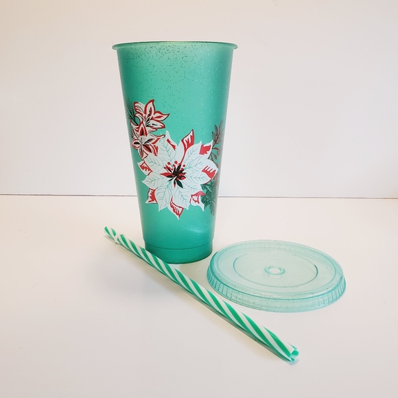 Starbucks Green Glitter Holiday Poinsettia Tumbler with Straw (2020) - Picture 5 of 6